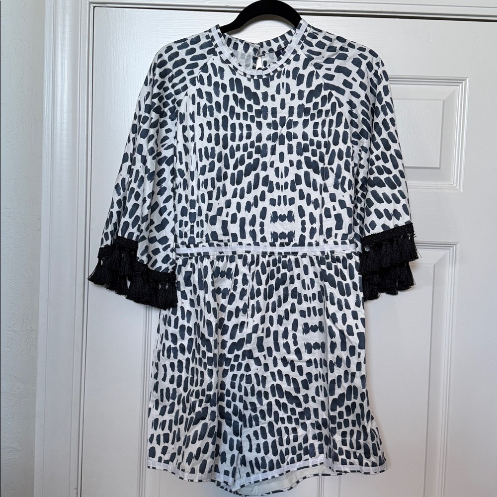 Katie Kime blue/white tasseled romper (Size S)